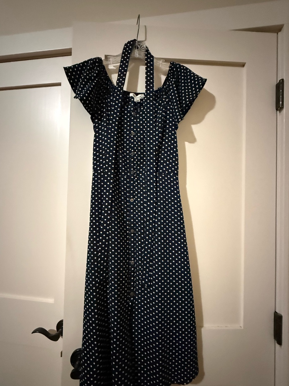 Monteau Navy and White Polka Dot Midi Dress with strap.